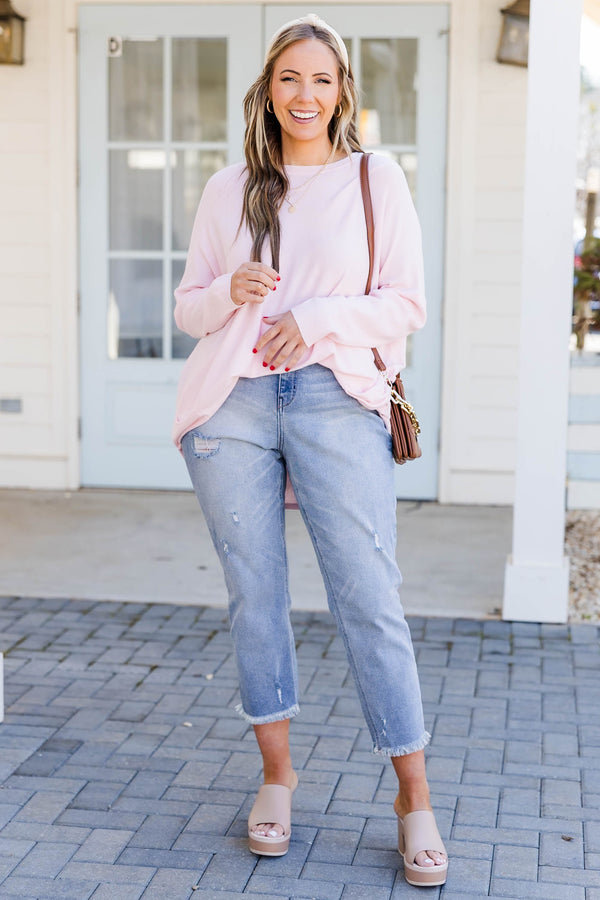 Chic Soul plus size clothing, dusty blush long sleeve top with two front pockets at the bottom