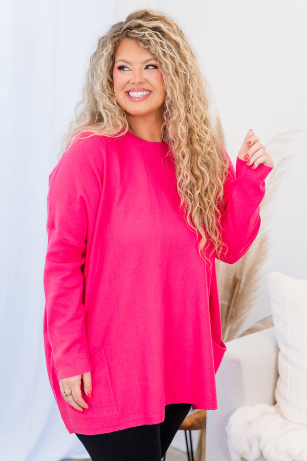 Chic Soul plus size clothing, hot pink long sleeve flowy top with round neckline and side pockets