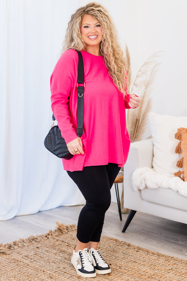 Chic Soul plus size clothing, hot pink long sleeve flowy top with round neckline and side pockets