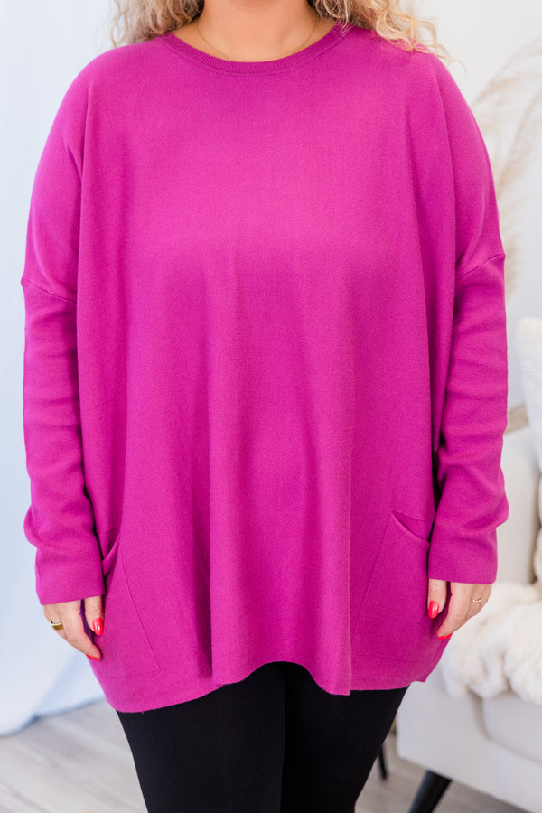 Chic Soul plus size clothing, long-sleeve loose-fitting magenta tunic with high scoop-neckline