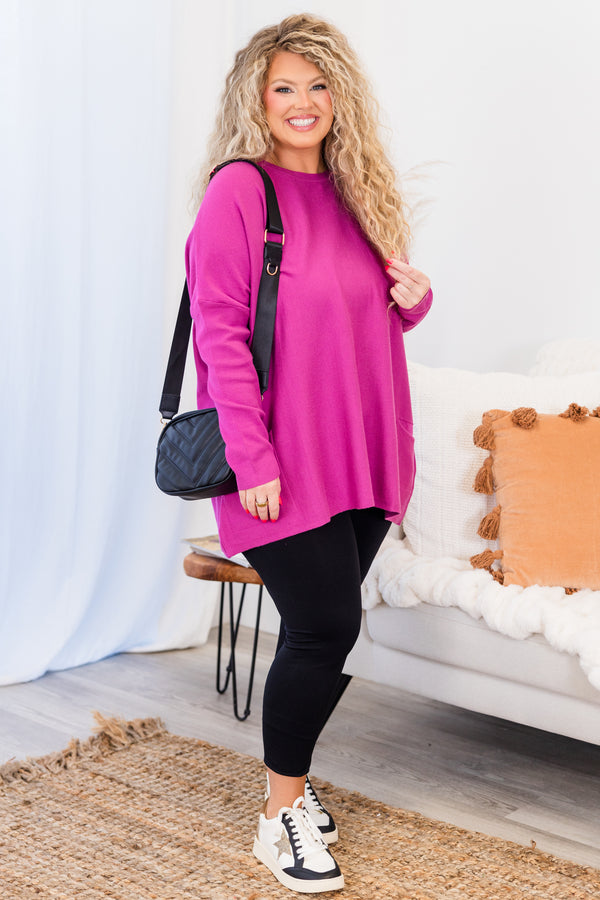 Chic Soul plus size clothing, long-sleeve loose-fitting magenta tunic with high scoop-neckline