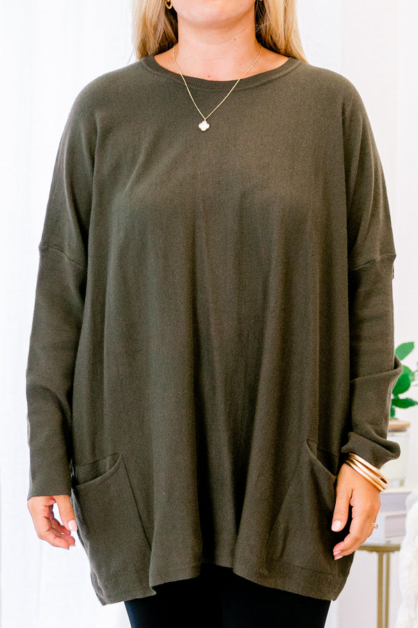 Chic Soul plus size clothing, long sleeve olive tunic with front pockets