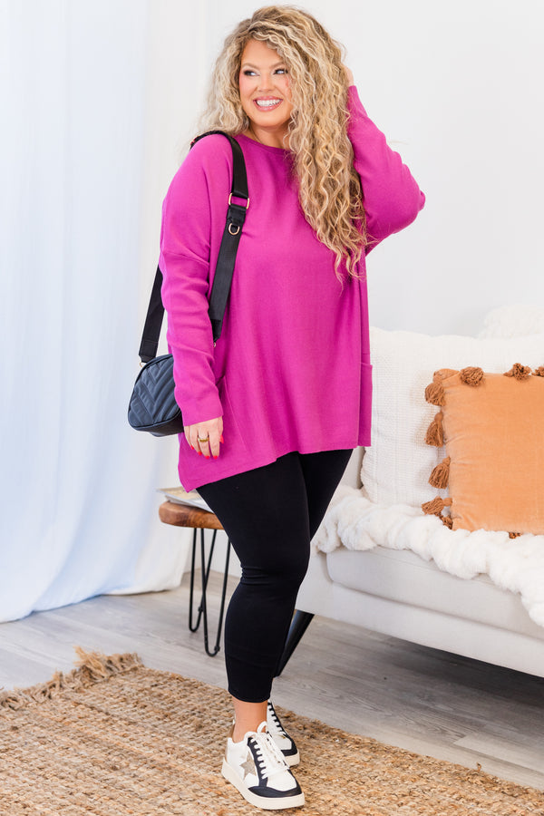 Chic Soul plus size clothing, long-sleeve loose-fitting magenta tunic with high scoop-neckline