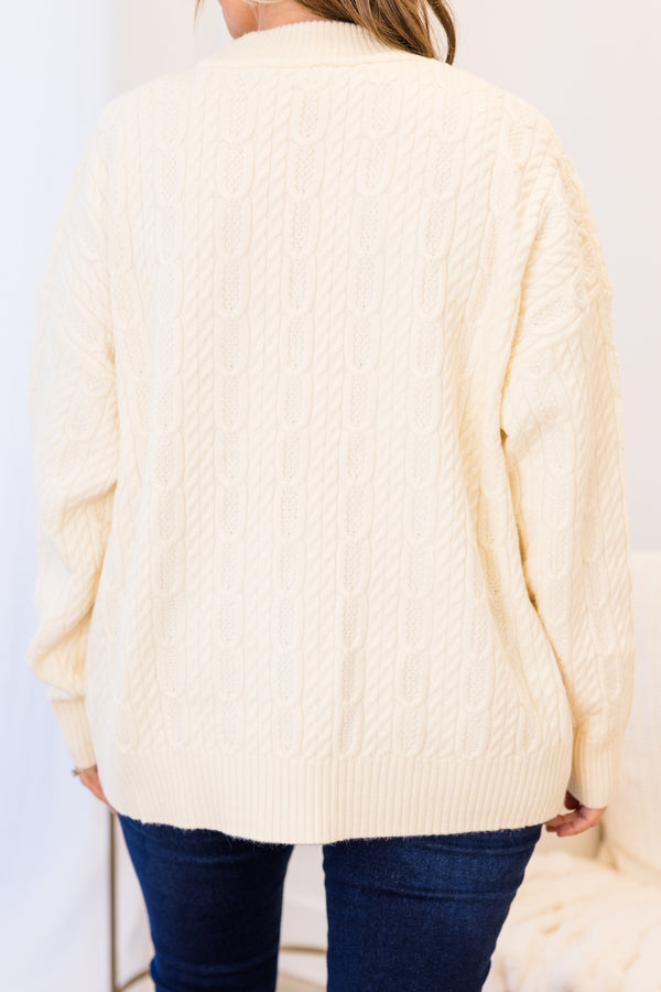 Chic Soul plus size clothing, cream long sleeve short cardigan with cable knit detail with cuffed ribbed sleeves