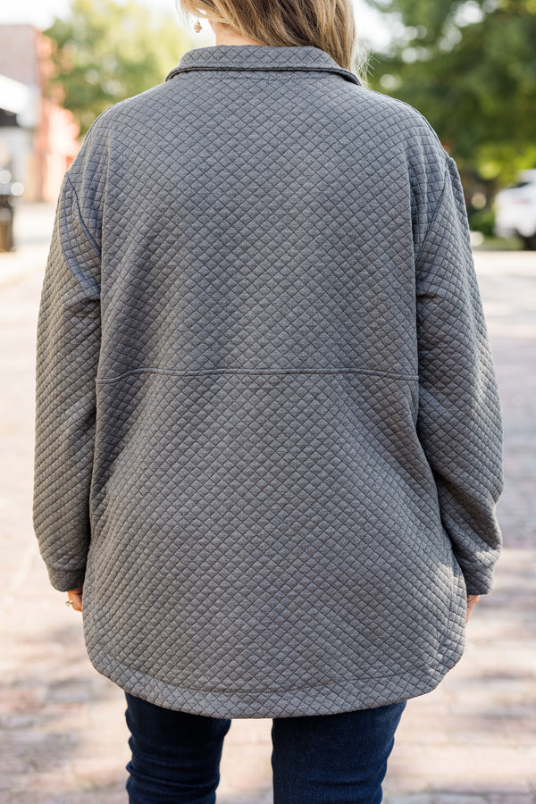 Chic Soul plus size clothing, long-sleeve charcoal gray quilted gold snap pullover with collar 