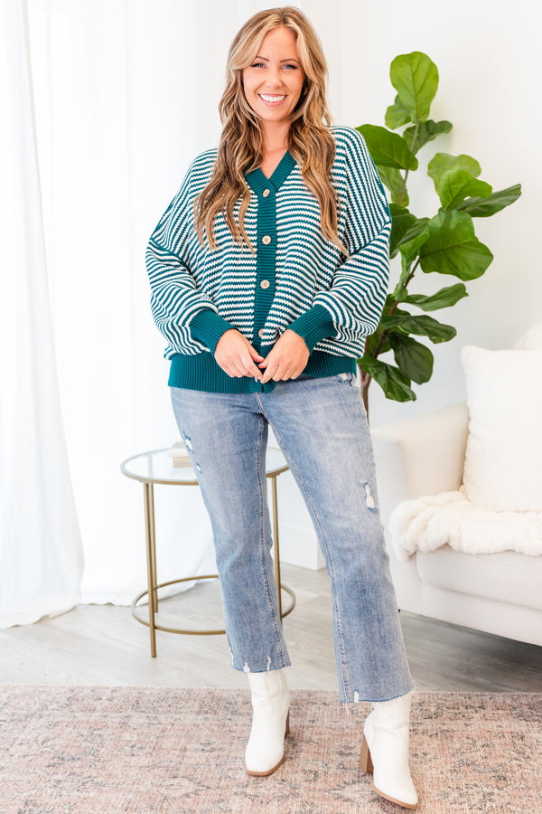 Chic Soul plus size clothing, jade-green-ivory long sleeve button up sweater with v neckline with stripe pattern and cuff sleeves