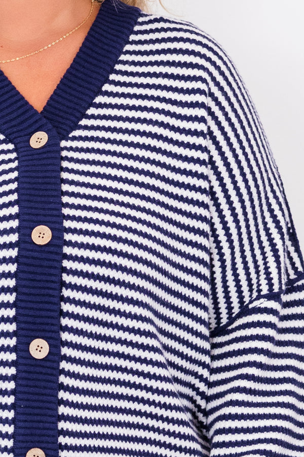 Chic Soul plus size clothing, long-sleeve navy-ivory striped button-up sweater with light brown buttons and v-neckline 