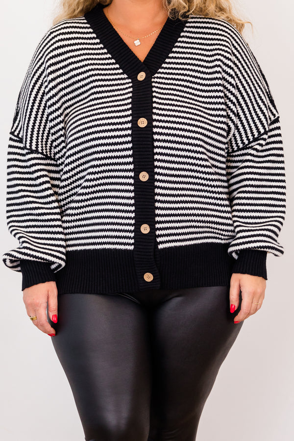 Chic Soul plus size clothing, long sleeve black and ivory stripe cardigan with brown wooden buttons 