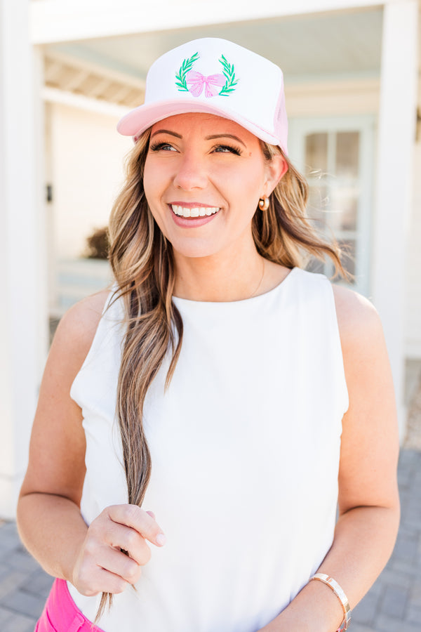 Chic Soul plus size clothing, pink trucker hat with pink bow embroidery with greenery embroidery