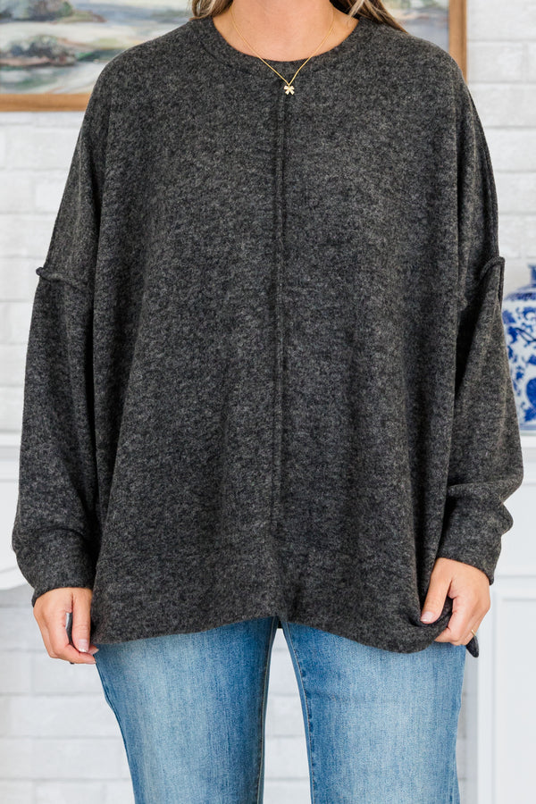 Chic Soul plus size clothing, long-sleeve black sweater with crew-neck and inside-out distressed stitching detailing