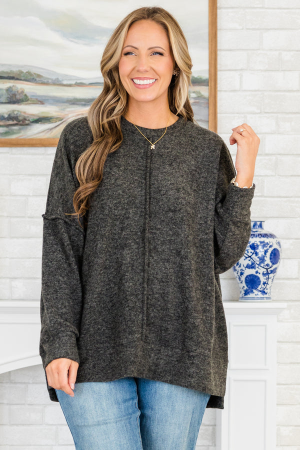 Chic Soul plus size clothing, long-sleeve black sweater with crew-neck and inside-out distressed stitching detailing