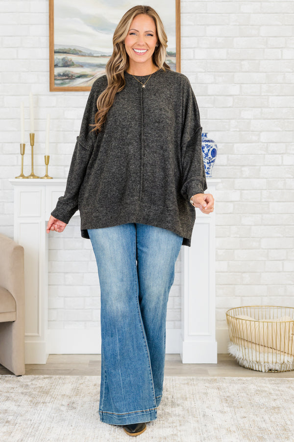 Chic Soul plus size clothing, long-sleeve black sweater with crew-neck and inside-out distressed stitching detailing