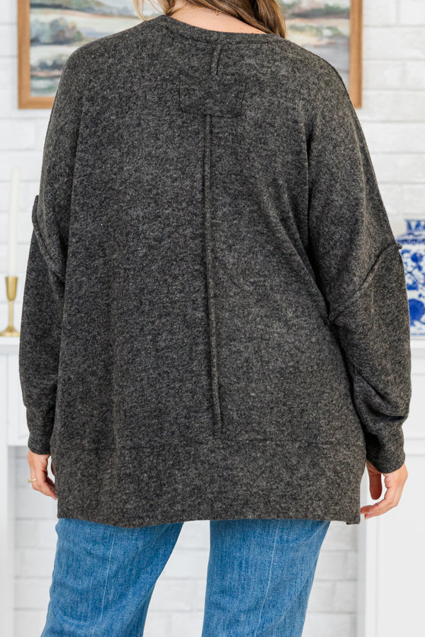 Chic Soul plus size clothing, long-sleeve black sweater with crew-neck and inside-out distressed stitching detailing