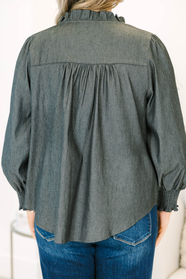 Plus Size black denim-style top with ruffle trim, long puff sleeves, and a button-down front.