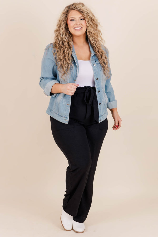 Chic Soul plus size clothing, black fitted pants with a waist tie