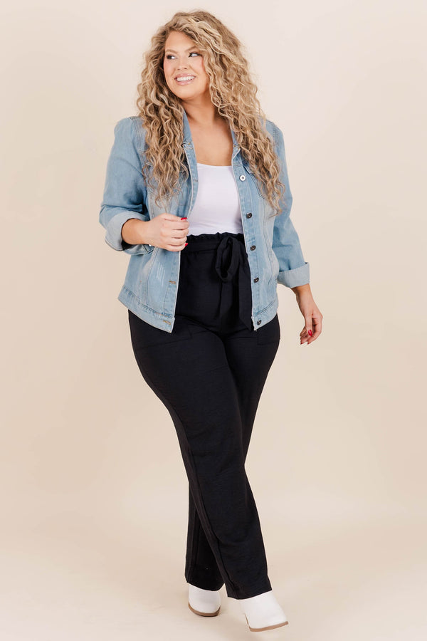 Chic Soul plus size clothing, black fitted pants with a waist tie