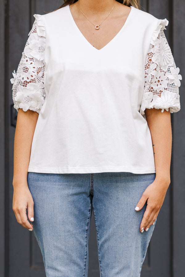 Chic Soul plus size clothing, short sleeve off white v-neckline top with lace sleeves