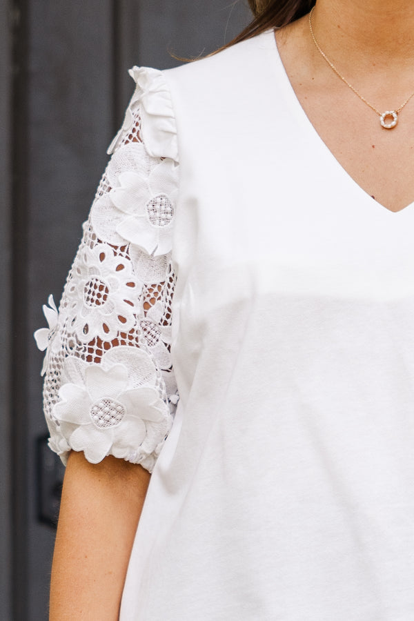 Chic Soul plus size clothing, short sleeve off white v-neckline top with lace sleeves