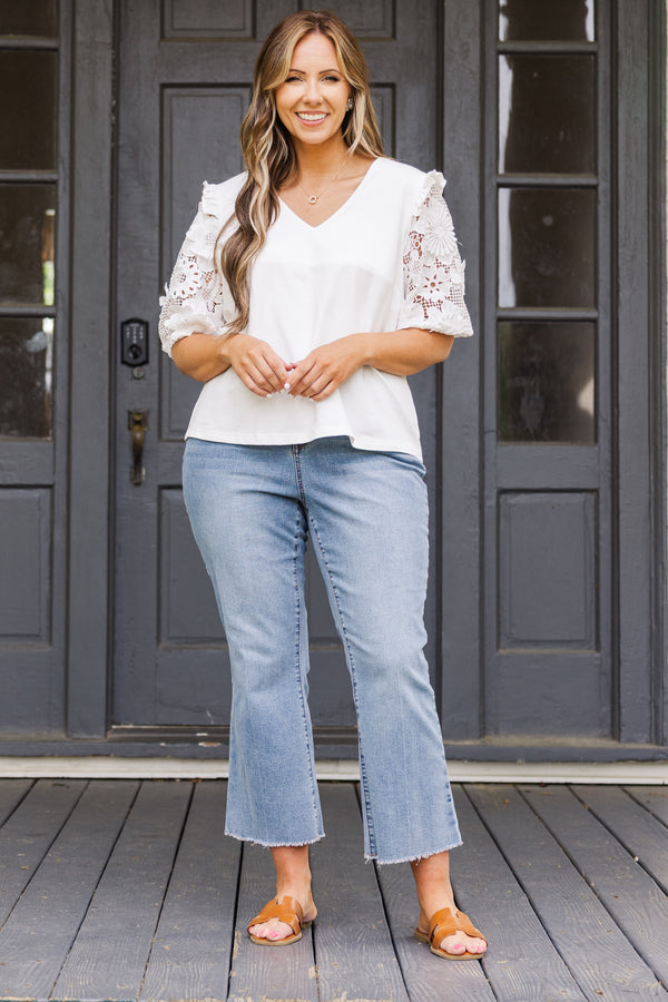 Chic Soul plus size clothing, short sleeve off white v-neckline top with lace sleeves