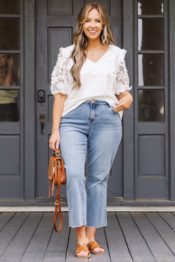 Chic Soul plus size clothing, short sleeve off white v-neckline top with lace sleeves