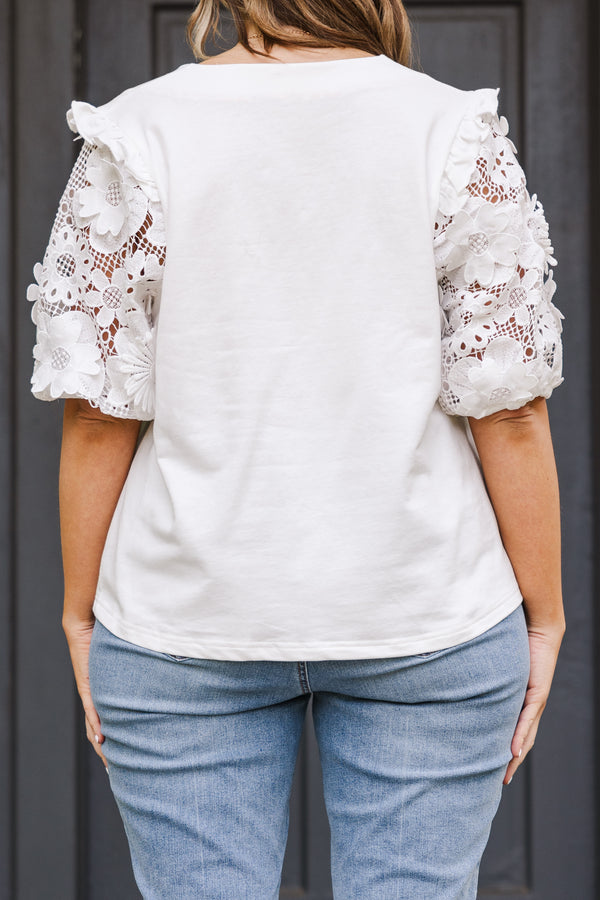 Chic Soul plus size clothing, short sleeve off white v-neckline top with lace sleeves