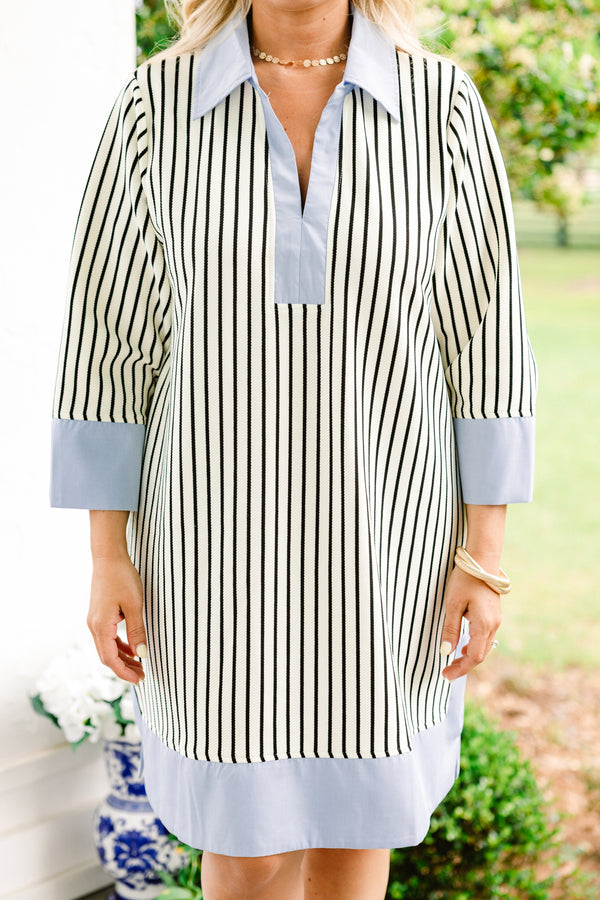 Chic Soul plus size clothing, cream casual half sleeved dress with black vertical stripes and light blue solid blocking at neckline and end of sleeves