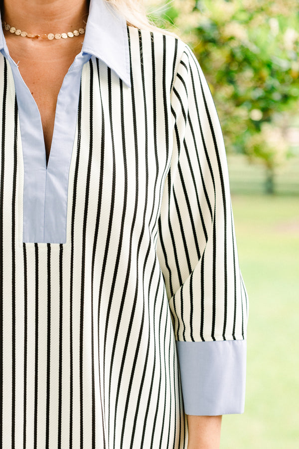Chic Soul plus size clothing, cream casual half sleeved dress with black vertical stripes and light blue solid blocking at neckline and end of sleeves