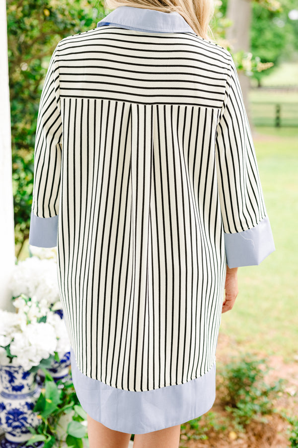 Chic Soul plus size clothing, cream casual half sleeved dress with black vertical stripes and light blue solid blocking at neckline and end of sleeves