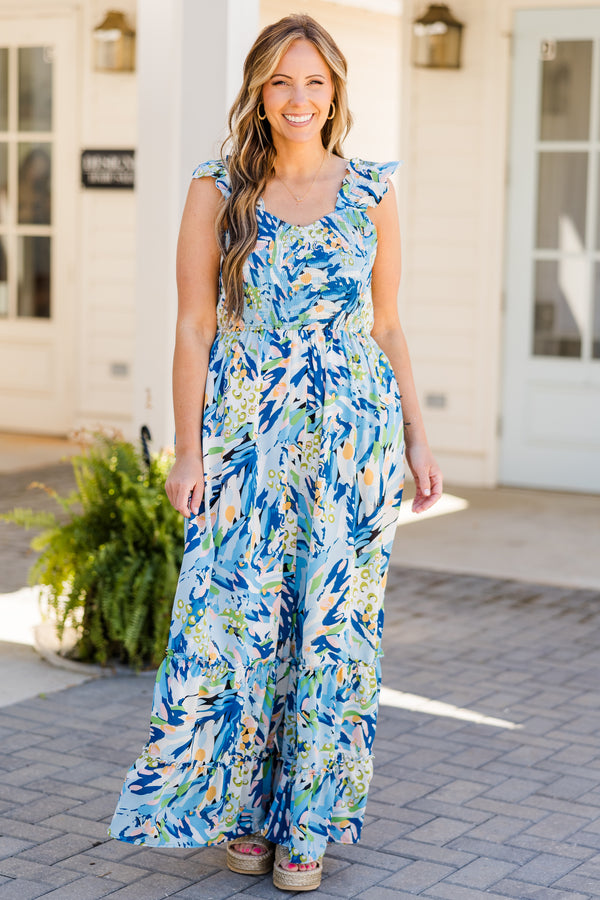 Chic Soul plus size clothing, blue jumpsuit with multi colored floral pattern