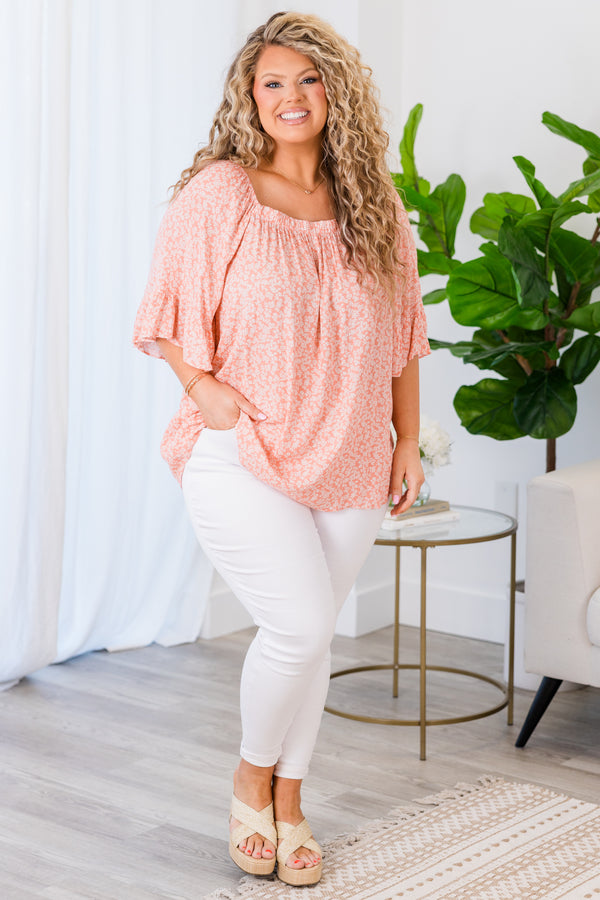 Chic Soul plus size clothing, salmon short sleeve printed top with square neckline and flowy sleeves