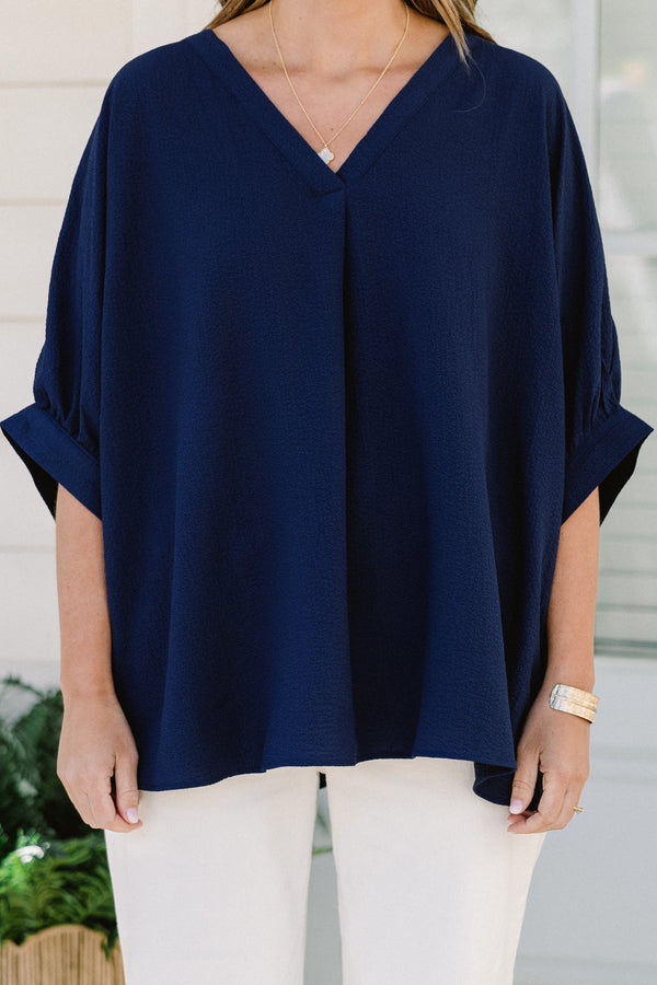 Chic Soul plus size clothing, short sleeve navy top with v-neckline