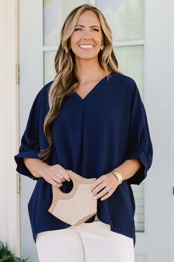 Chic Soul plus size clothing, short sleeve navy top with v-neckline