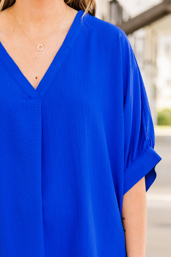 Chic Soul plus size clothing, short sleeve royal blue top with v-neckline and subtle puffed sleeves