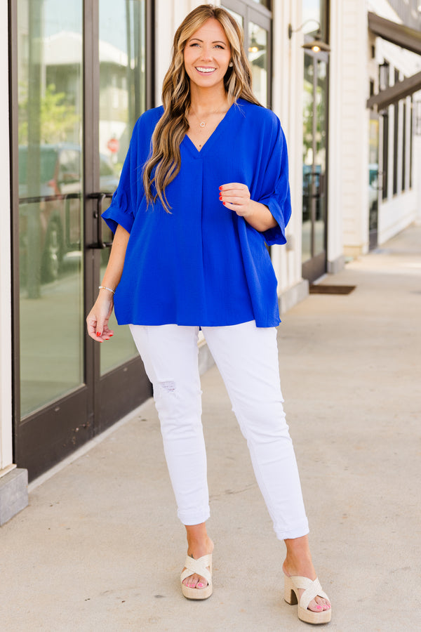 Chic Soul plus size clothing, short sleeve royal blue top with v-neckline and subtle puffed sleeves