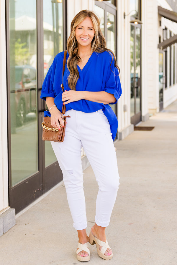 Chic Soul plus size clothing, short sleeve royal blue top with v-neckline and subtle puffed sleeves