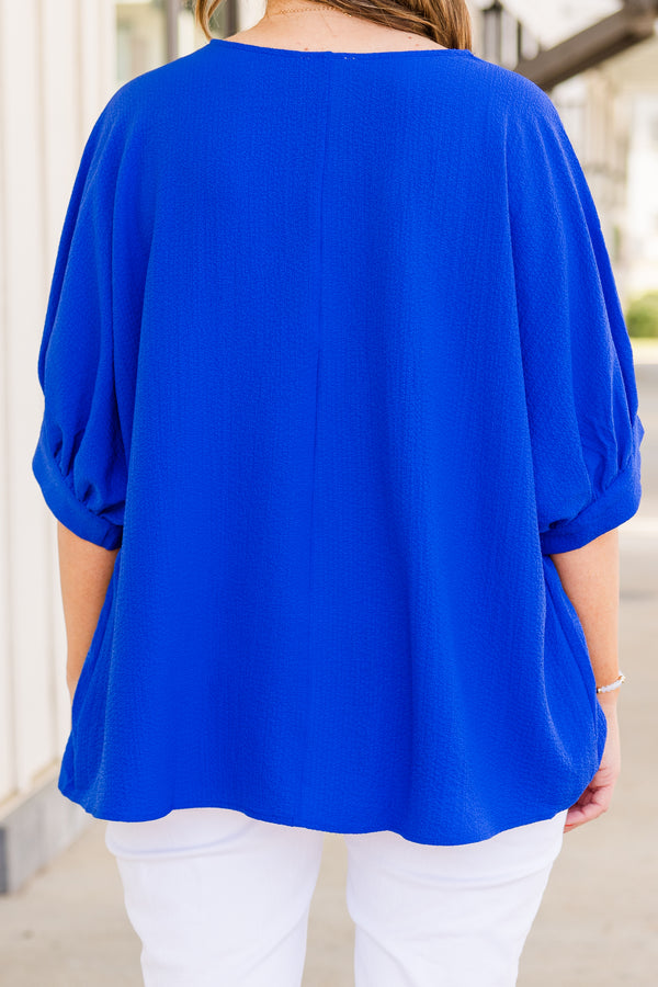 Chic Soul plus size clothing, short sleeve royal blue top with v-neckline and subtle puffed sleeves