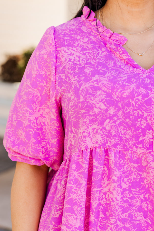 Chic Soul plus size clothing, pink mini dress with short sleeves with v cutout on neckline with faint floral print