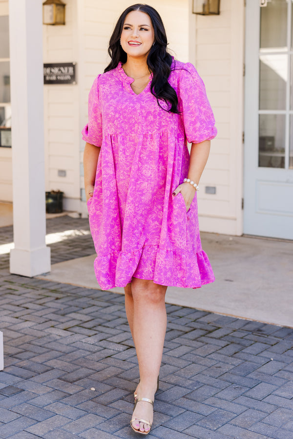 Chic Soul plus size clothing, pink mini dress with short sleeves with v cutout on neckline with faint floral print