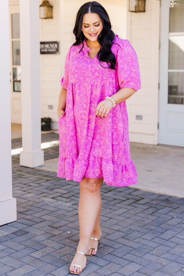 Chic Soul plus size clothing, pink mini dress with short sleeves with v cutout on neckline with faint floral print