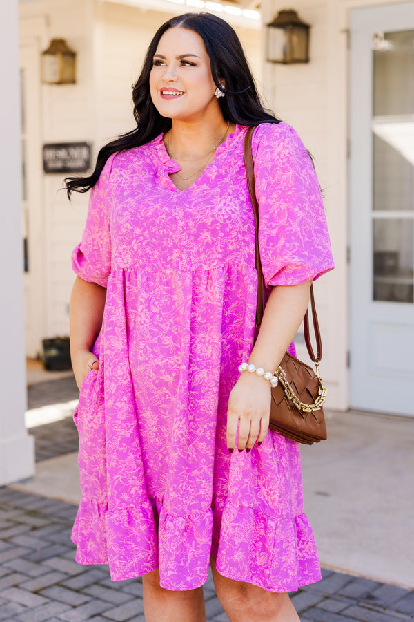 Chic Soul plus size clothing, pink mini dress with short sleeves with v cutout on neckline with faint floral print