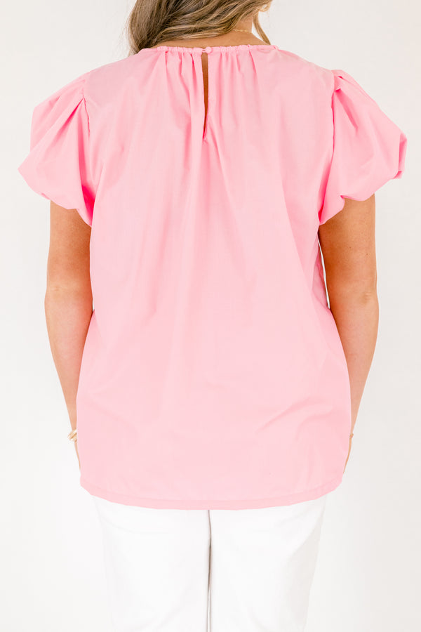 Chic Soul plus size clothing, pink top with short bubble sleeves and a round neckline 