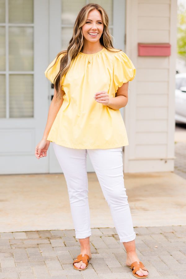 Chic Soul plus size clothing, short bubble sleeve light yellow top