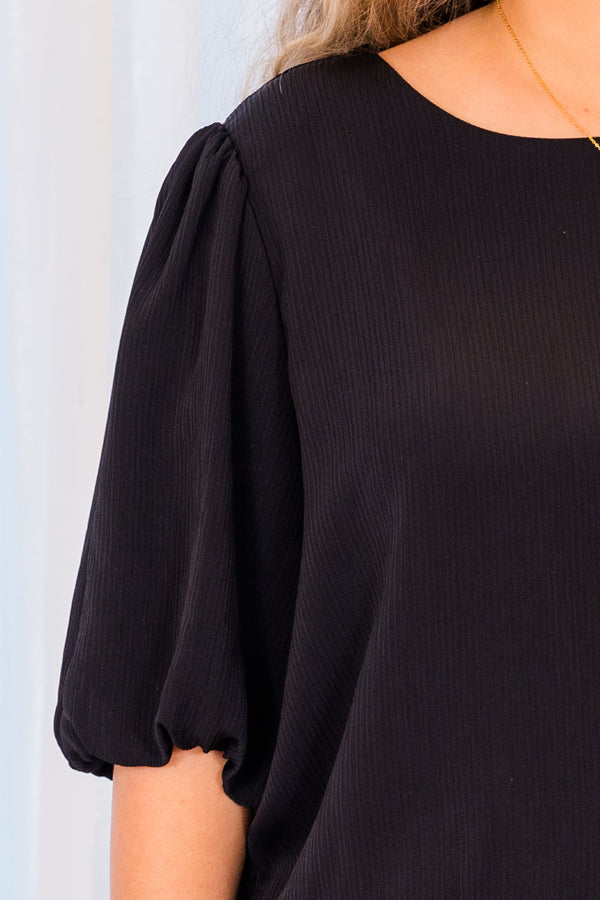 Chic Soul plus size clothing, short sleeve black top with puffed sleeves and tulle detailing along the bottom seam