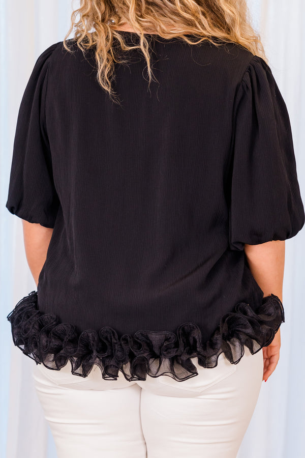 Chic Soul plus size clothing, short sleeve black top with puffed sleeves and tulle detailing along the bottom seam