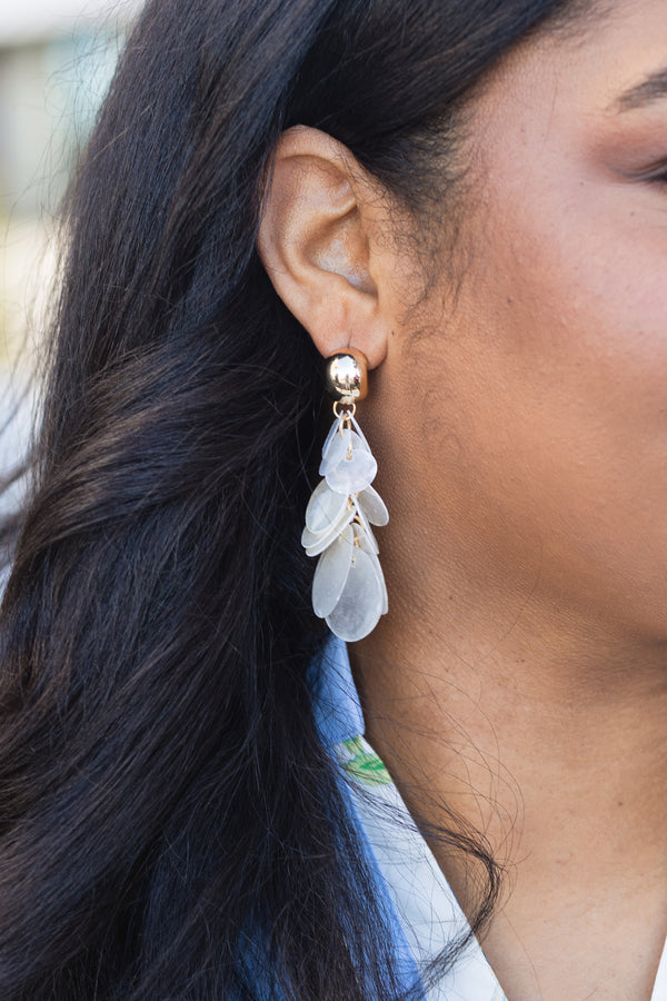 Chic Soul plus size clothing, gold and white statement earrings with clusters of pearl disks