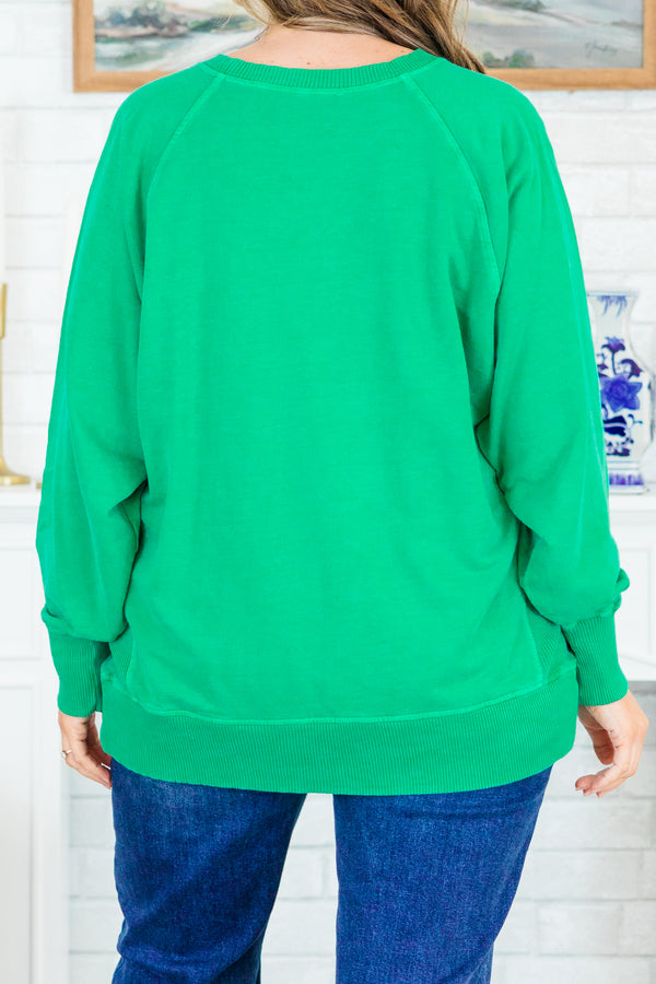 Chic Soul plus size clothing, long-sleeve forest green pullover sweatshirt with crew-neck and lighter green stitching and a v-stitch on the neckline