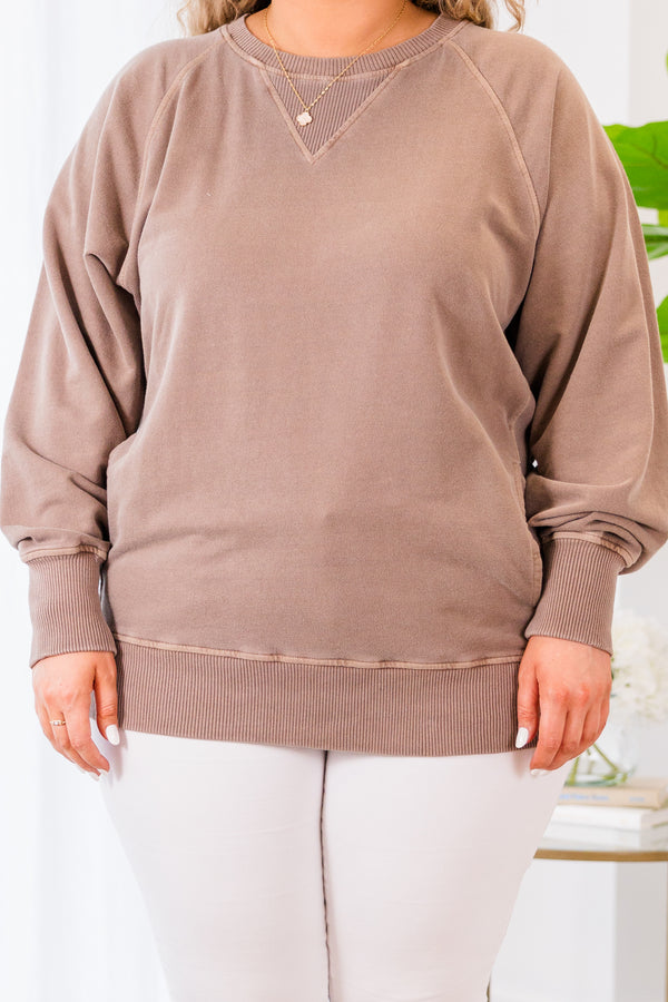 Chic Soul plus size clothing, mocha long sleeve sweatshirt with cuff sleeve and band along bottom