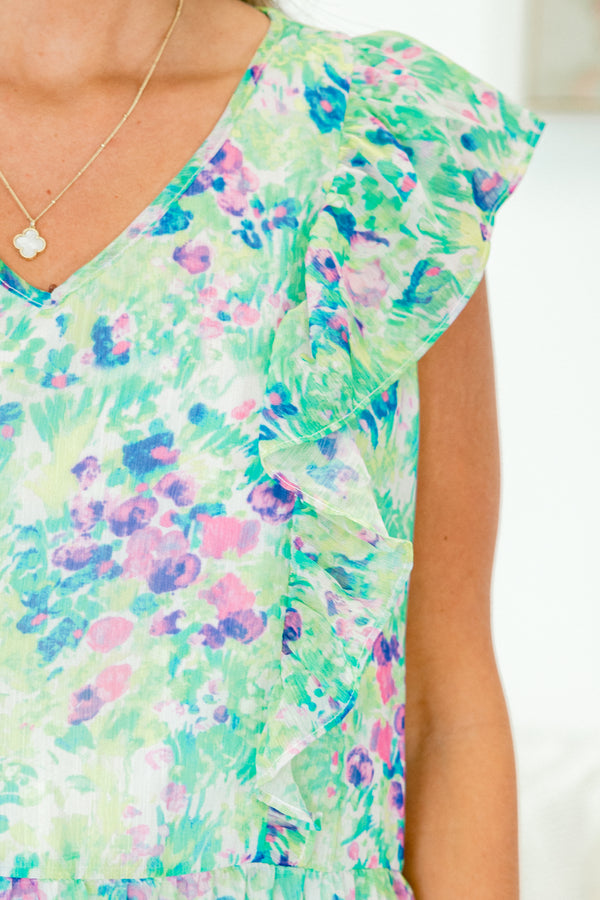 Chic Soul plus size clothing, short sleeve mint green top with ruffled sleeves and purple and blue floral detailed pattern