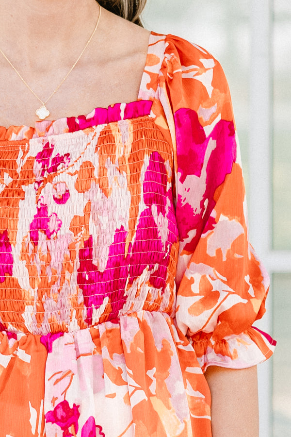 Chic Soul plus size clothing, pink/orange multi floral print peplum top with smocked chest detail with square neckline and puff sleeves with ruffle detail