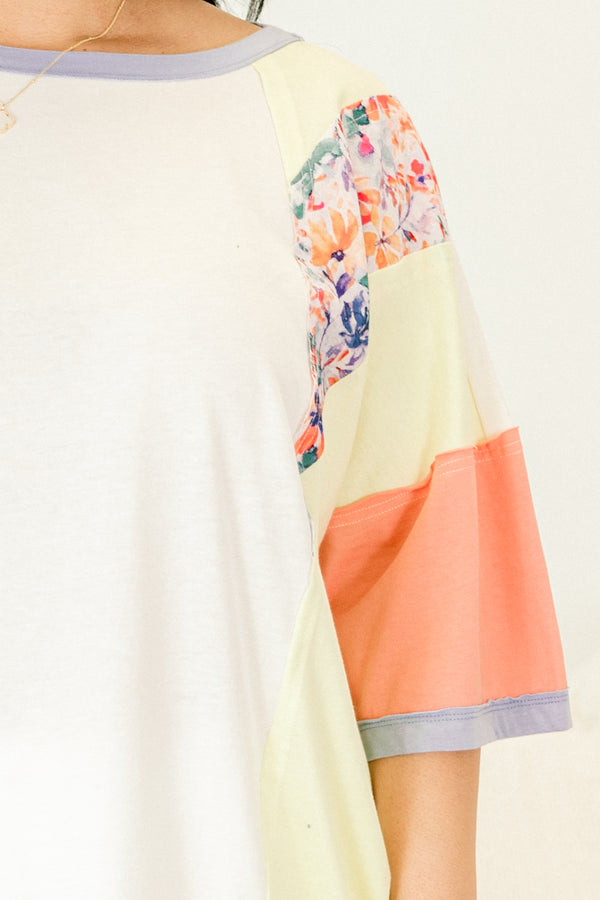 Chic Soul plus size clothing, white multi-color half sleeve top with floral detail on the top of the shoulders 